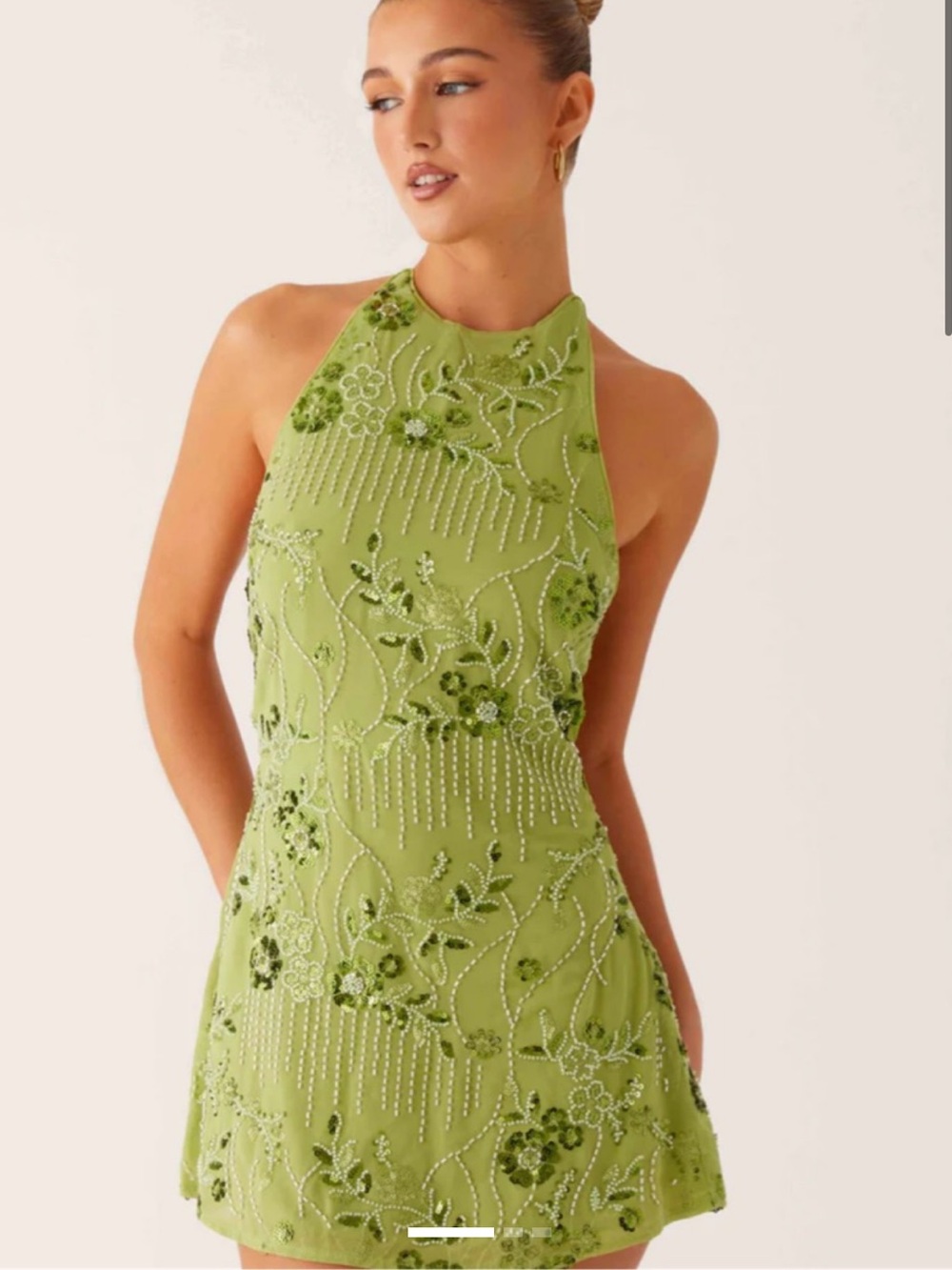 Peppermayo Lime Green Embroidered Halter Mini Dress